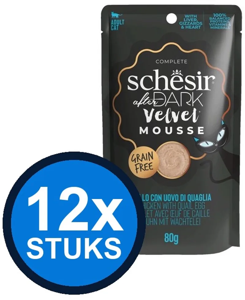 12x Schesir - After Dark Velvet - Kattenvoer - Mousse in zakje - Kip & Kwartelei - 80g de Schesir – photo produit