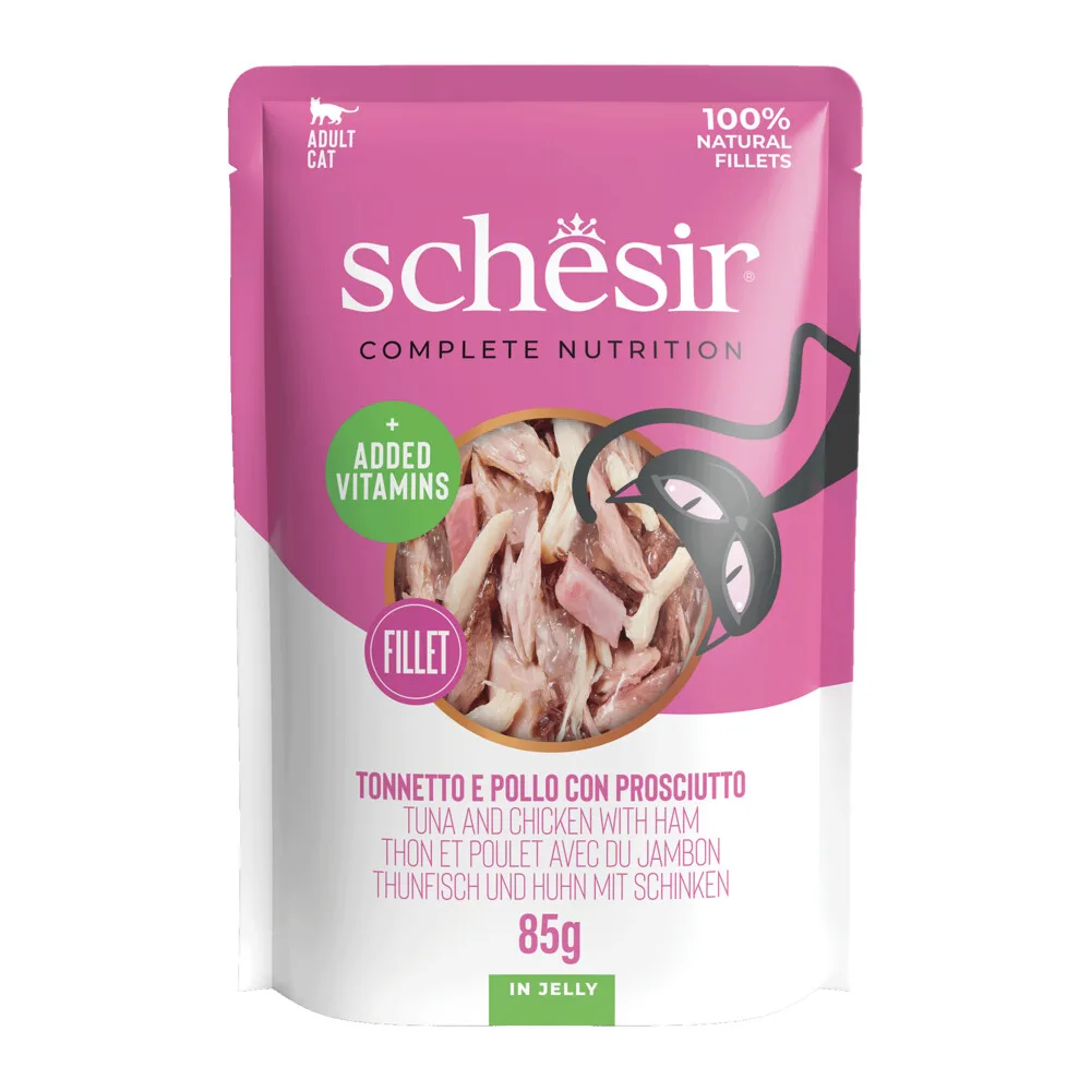 12x Schesir Kattenvoer Tonijn - Kip - Ham in Gelei 85 gr de Schesir – photo produit