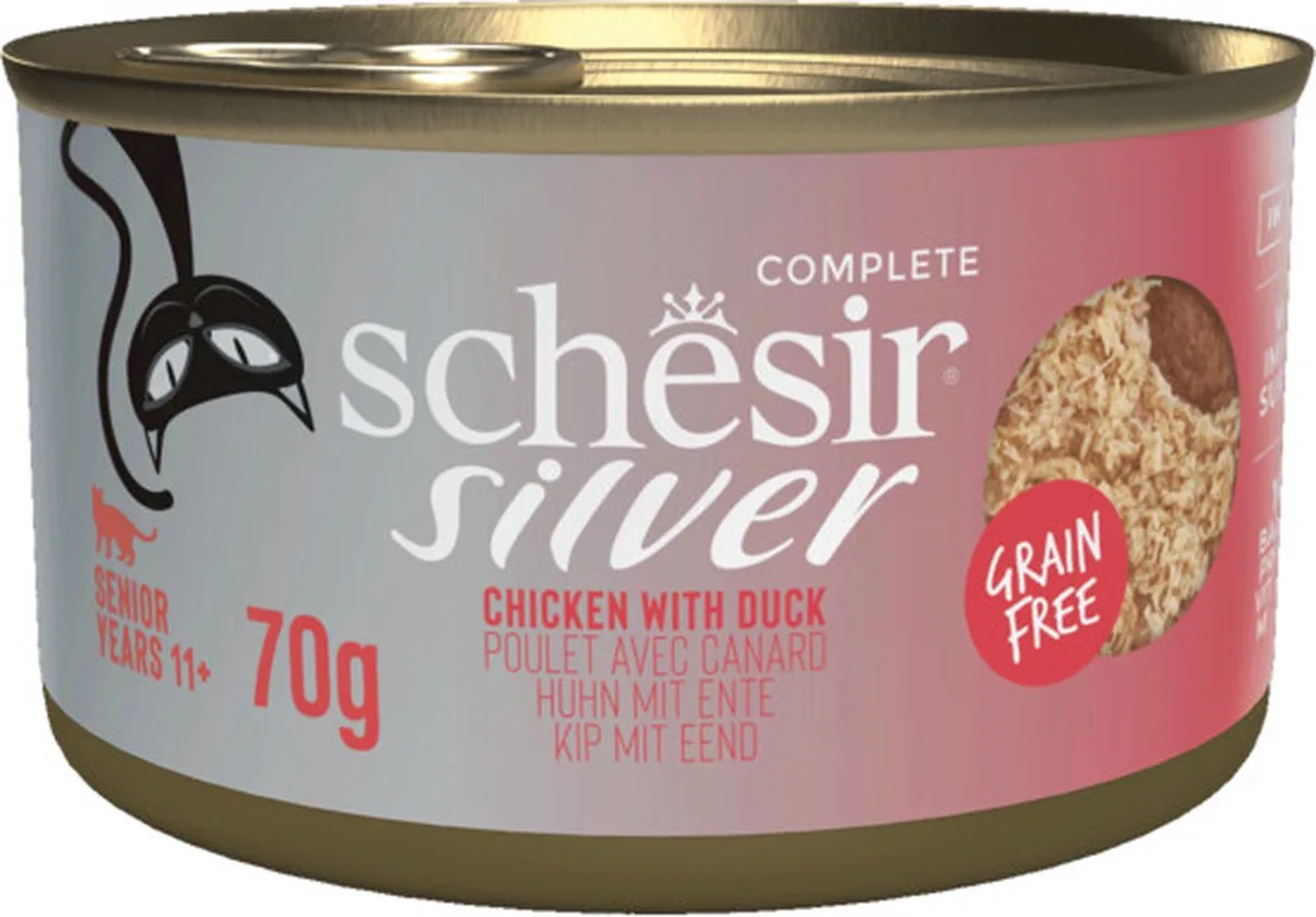 12x Schesir Silver Cat Bouillon Kip & Eend 70 gr fra Schesir – produktbillede