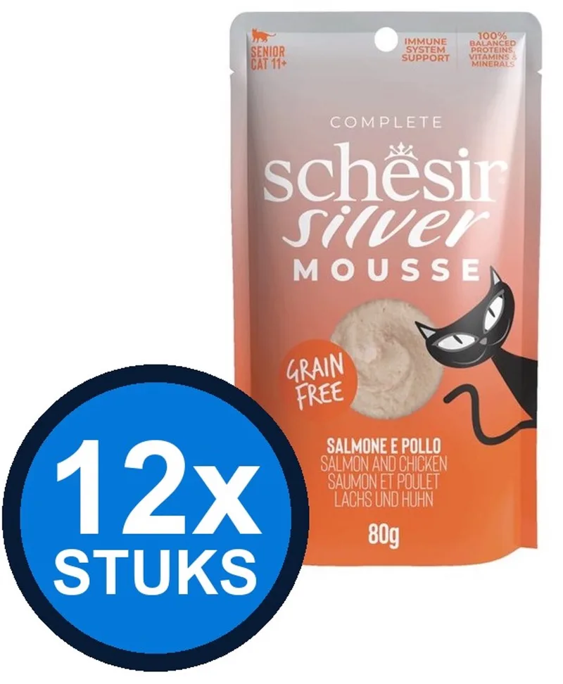 12x Schesir Silver Senior Mousse - Zalm & Kip - Kattenvoer Natvoer - 80g de Schesir – photo produit