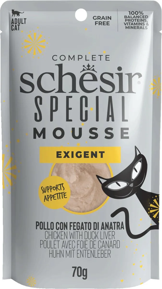 12x Schesir Special Cat Mousse Exigent Kip & Eendenlever 70 gr von Schesir – Produktfoto