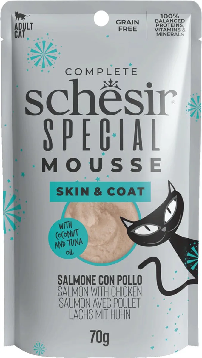 12x Schesir Special Cat Mousse Skin & Coat Zalm & Kip 70 gr von Schesir – Produktfoto