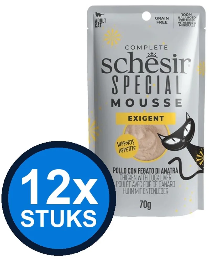 12x Schesir Special Exigent Mousse - Kip & Eendenlever - Kattenvoer Natvoer - 70g by Schesir – product photo