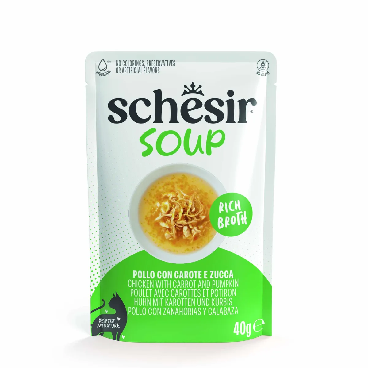 12x40g Kip met wortels en pompoen Schesir kattensoep natvoer voor katten de Schesir – photo produit