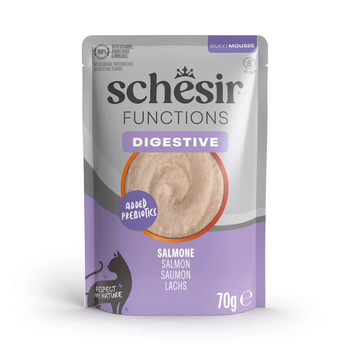 12x70g Digestive zalm Schesir Functions Mousse kattenvoer nat van Schesir – productfoto