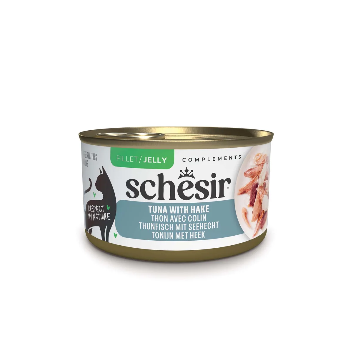 12x70g Schesir Complements in Gelee Thunfisch mit Seehecht Katzenfutter nass de Schesir – photo produit