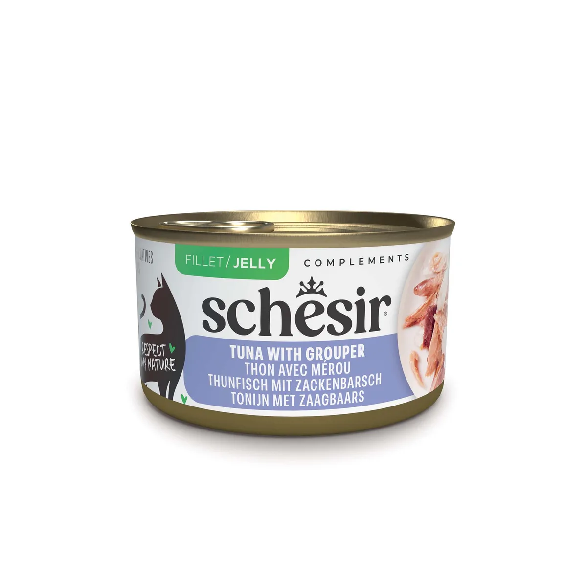 12x70g Schesir Complements in Gelee Thunfisch mit Zackenbarsch Katzenfutter nass de Schesir – photo produit