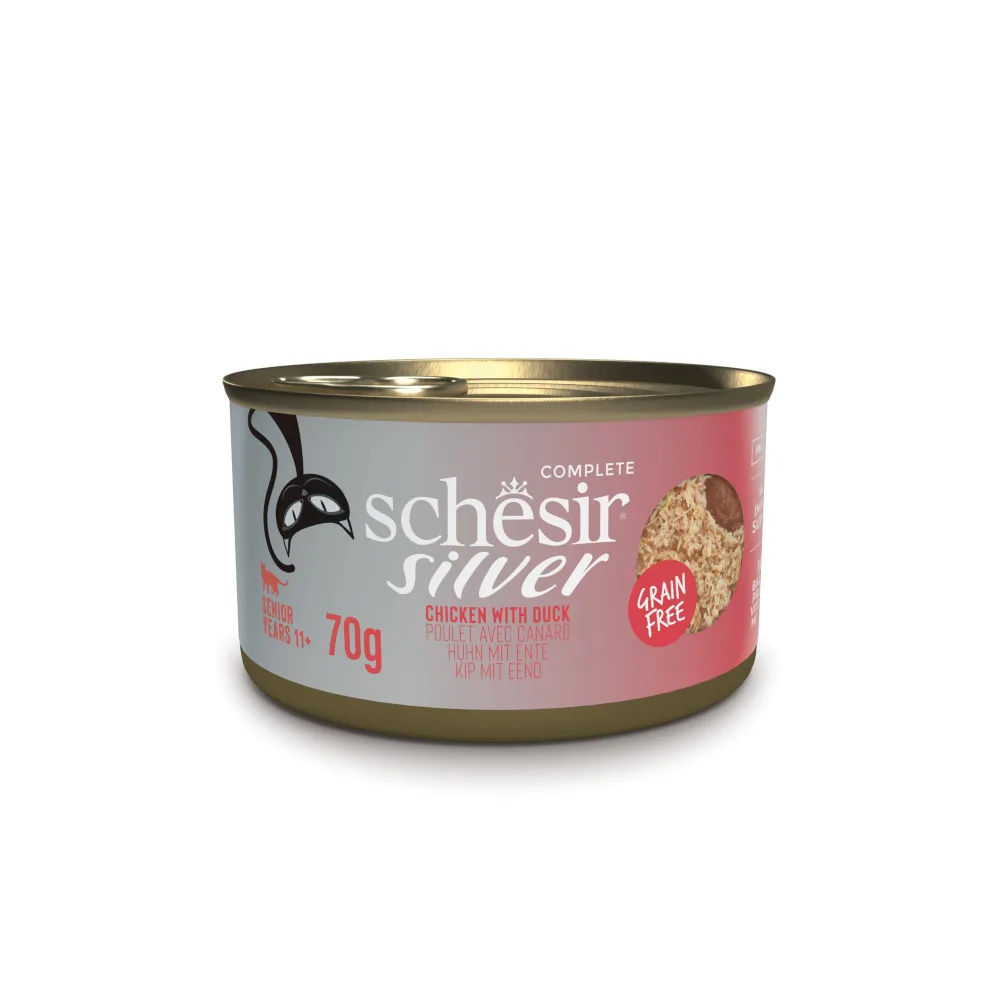 12x70g Schesir Silver Senior Kip Eend natvoer voor katten van Schesir – productfoto