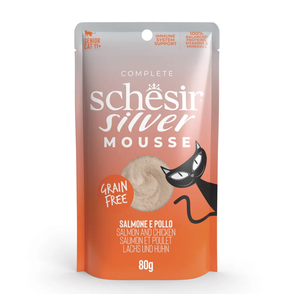 12x80g Schesir Silver Mousse zalm en kip kattensnacks von Schesir – Produktfoto