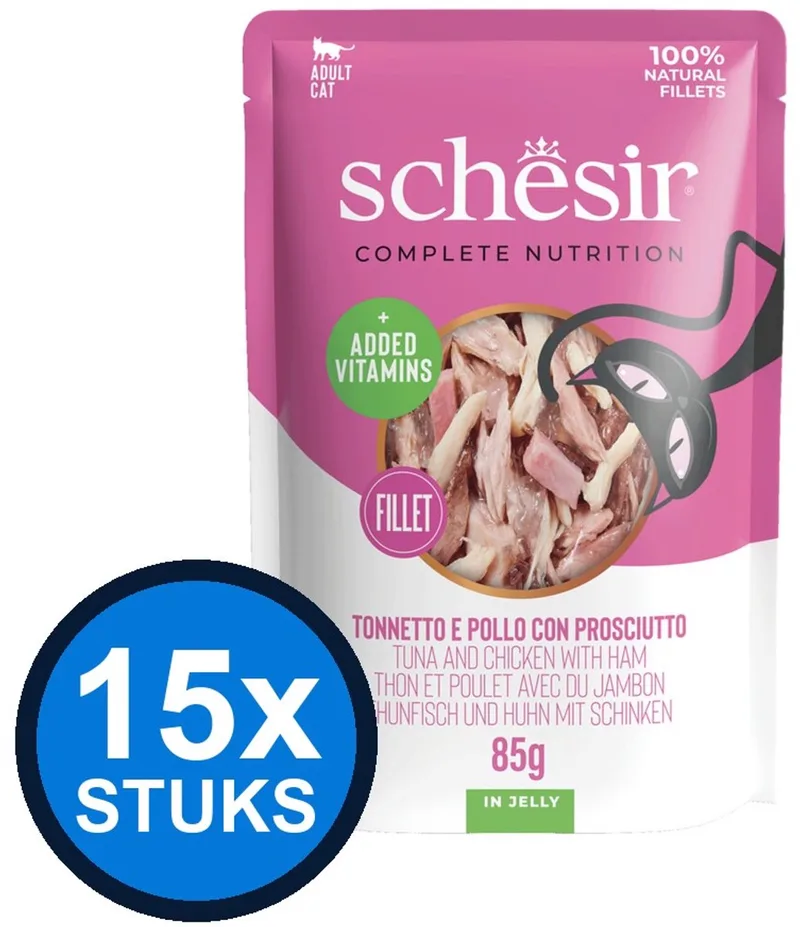 15x Schesir - Complete & Balanced - Kattenvoer - Gelei in zakje - Tonijn & Kip & Ham - 85g de Schesir – photo produit