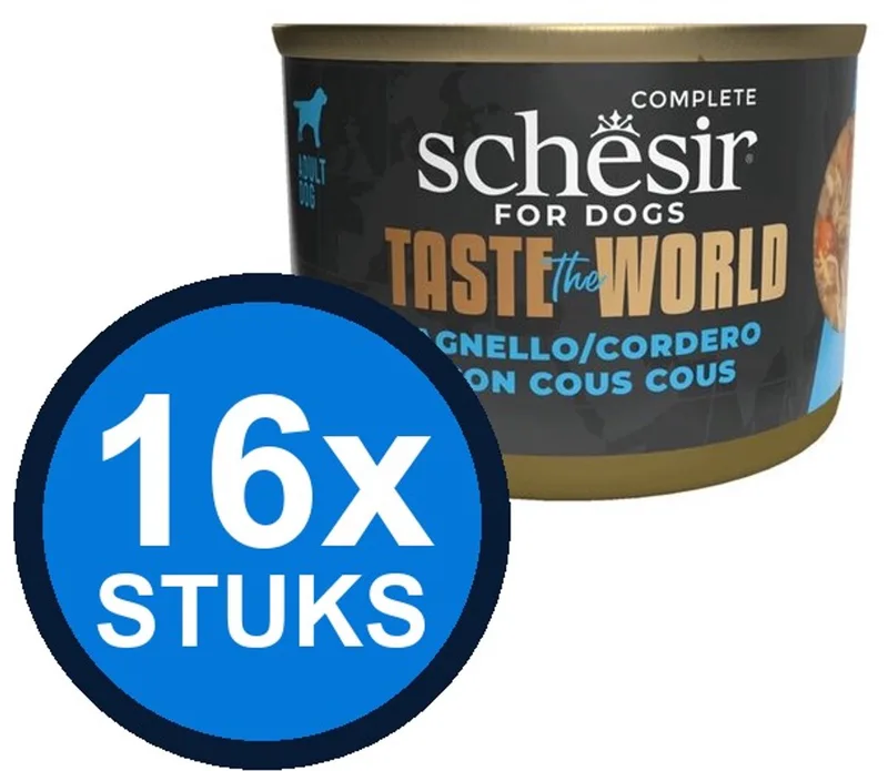 16x Schesir - Taste The World - Hondenvoer - Natvoer in blik - Lam Couscous - 150g fra Schesir – produktbillede