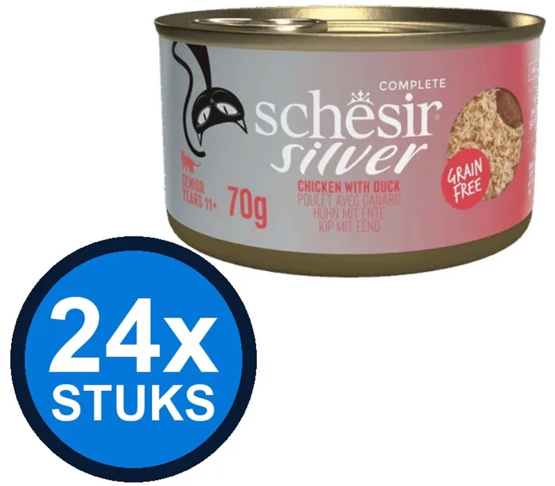 24x Schesir - Silver Senior - Kattenvoer - Mousse in blik - Kip & Eend & Fillets - 70g by Schesir – product photo
