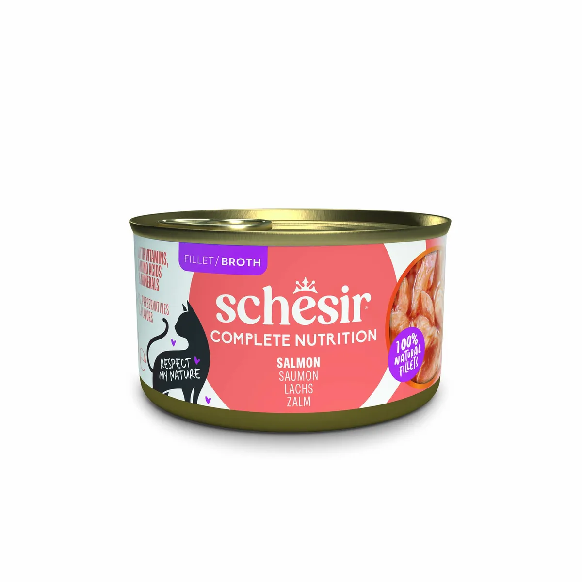 6 x 85g Schesir Complete Nutrition in Broth zalm natvoer voor katten van Schesir – productfoto