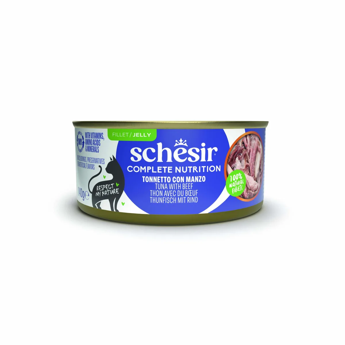 6x140g Tonijn met rundvlees Schesir Complete Nutrition in gelei natvoer voor katten van Schesir – productfoto