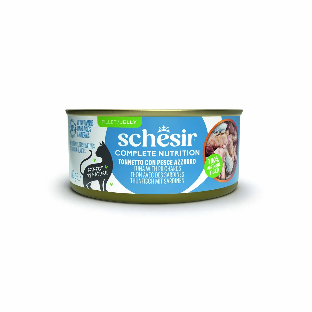 6x140g Tonijn met sardines Schesir Complete Nutrition in gelei natvoer voor katten van Schesir – productfoto