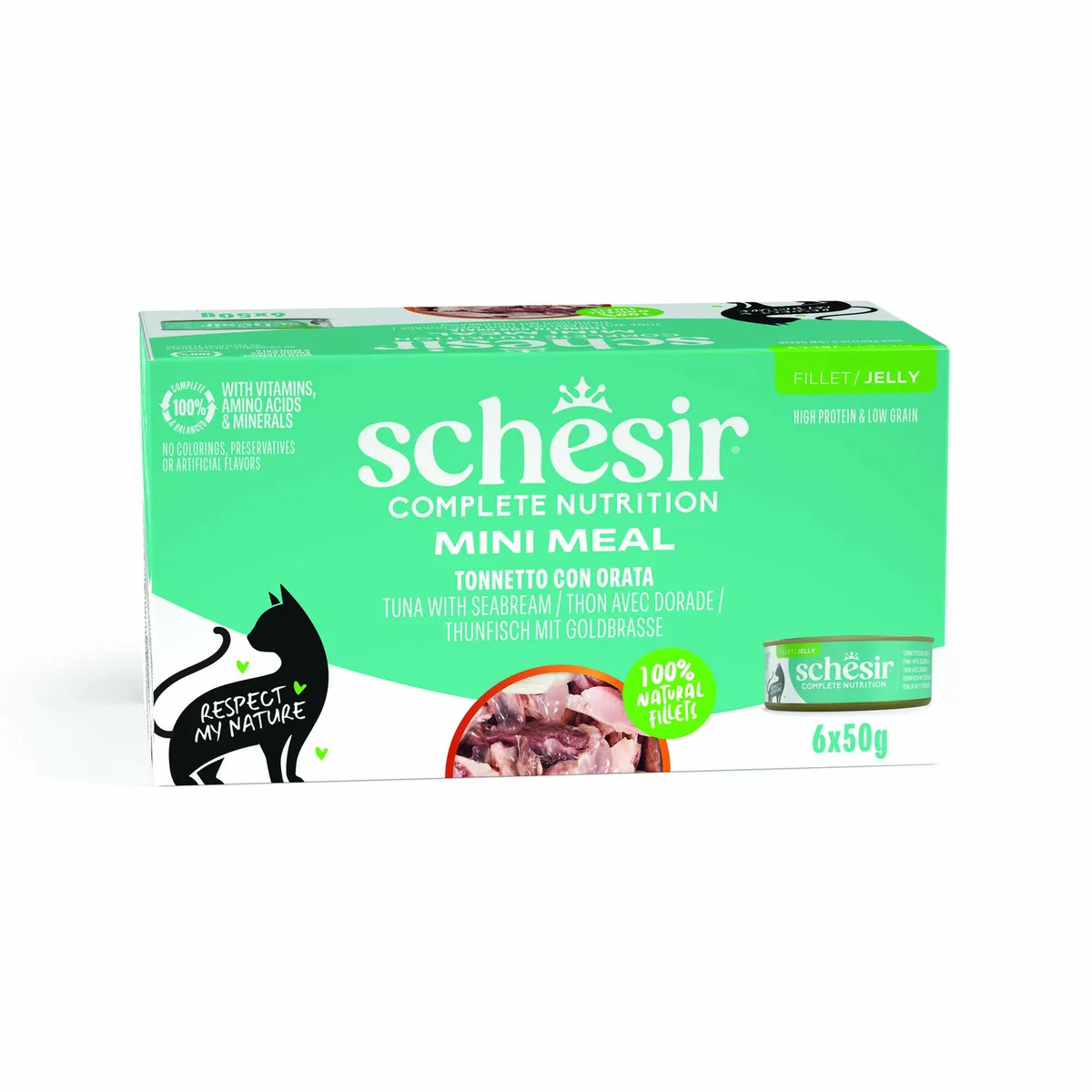 6x50g Tonijn met goudbrasem Schesir Complete Voeding filet in gelei natvoer voor katten de Schesir – photo produit