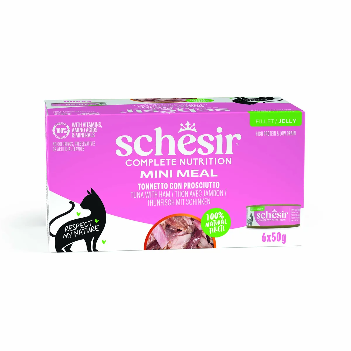 6x50g Tonijn met hamSchesir Complete Voeding filet in gelei natvoer voor katten van Schesir – productfoto