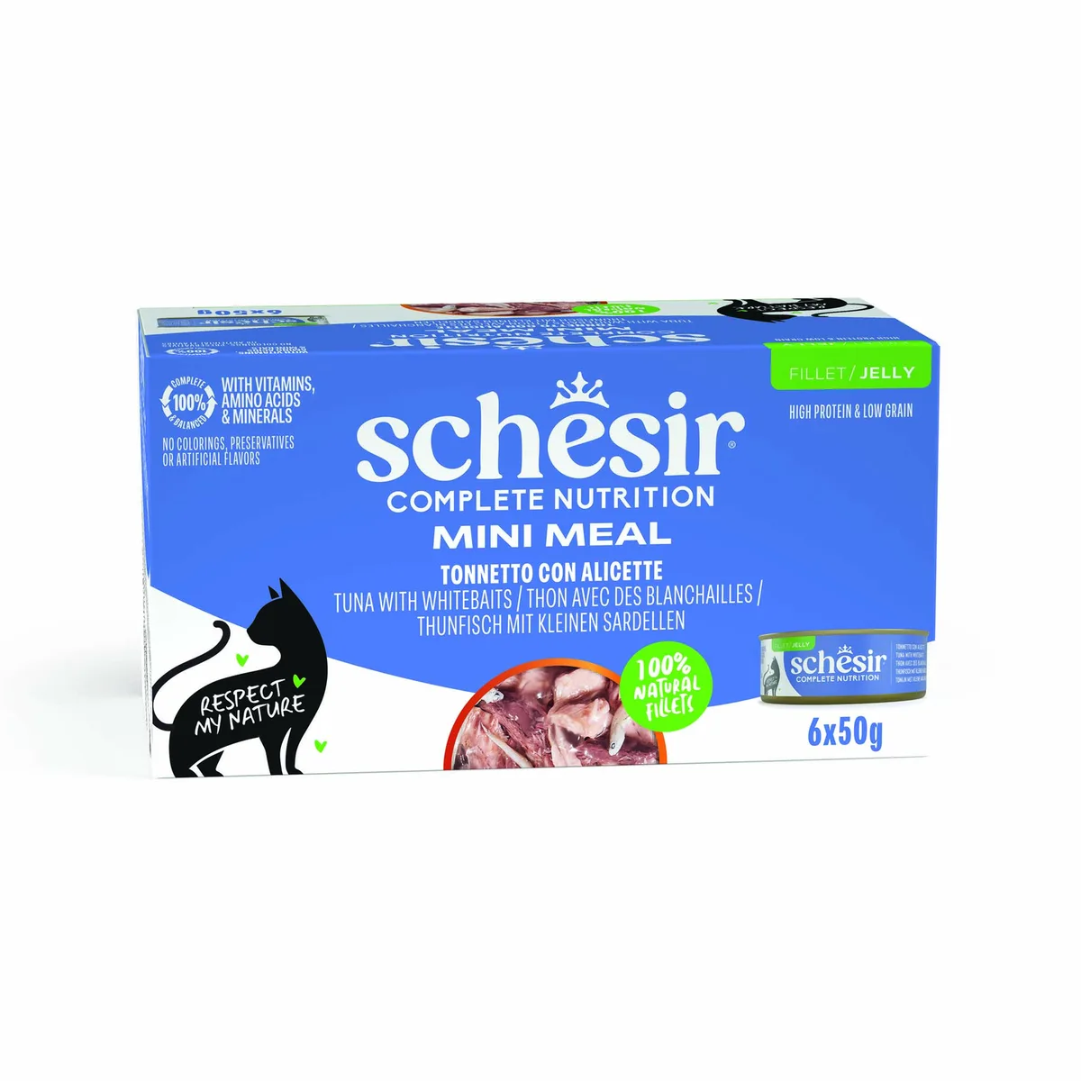 6x50g Tonijn met witte vis Schesir Complete voeding in gelei natvoer voor katten van Schesir – productfoto