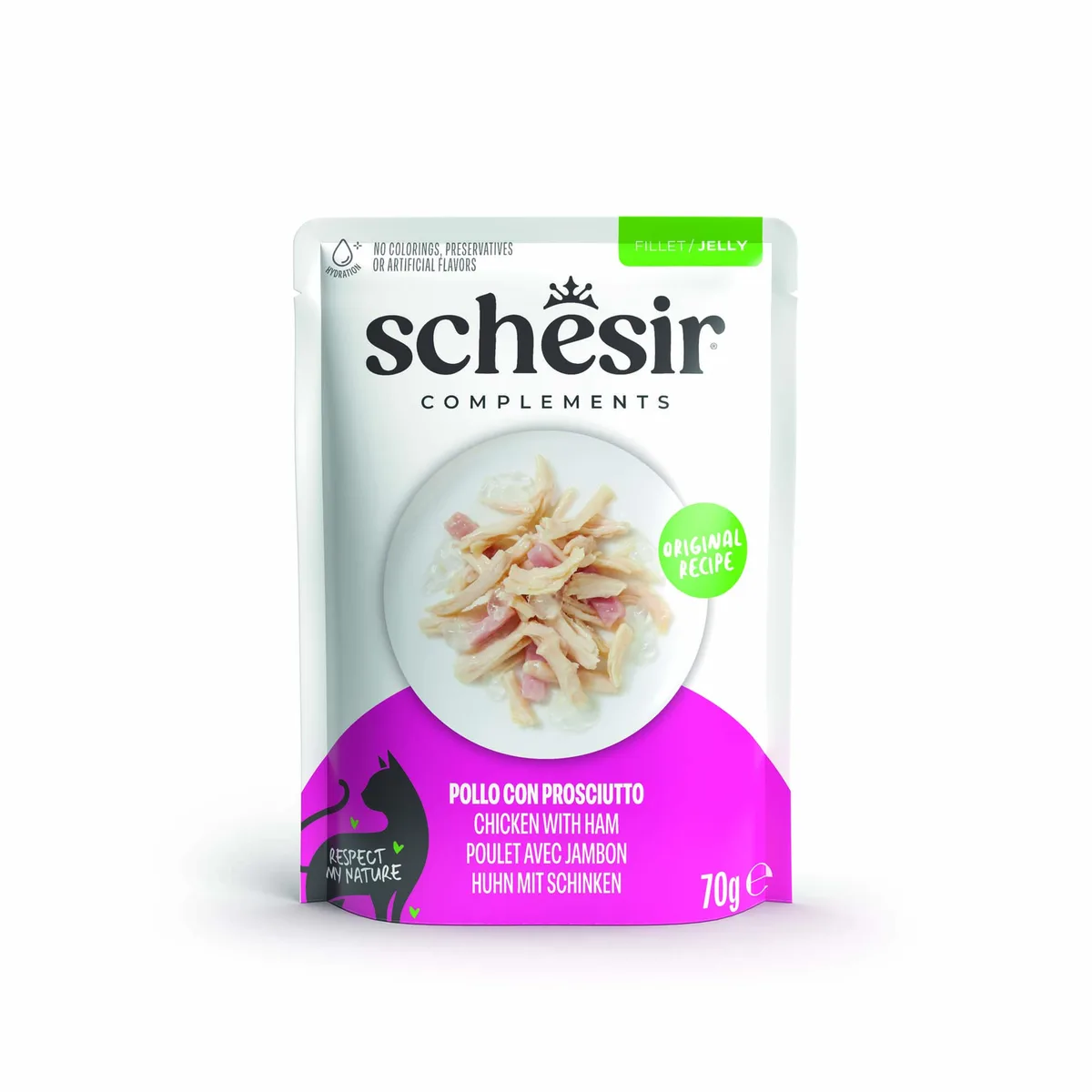 6x70g Kip met ham Schesir Complementen in gelei natvoer voor katten van Schesir – productfoto