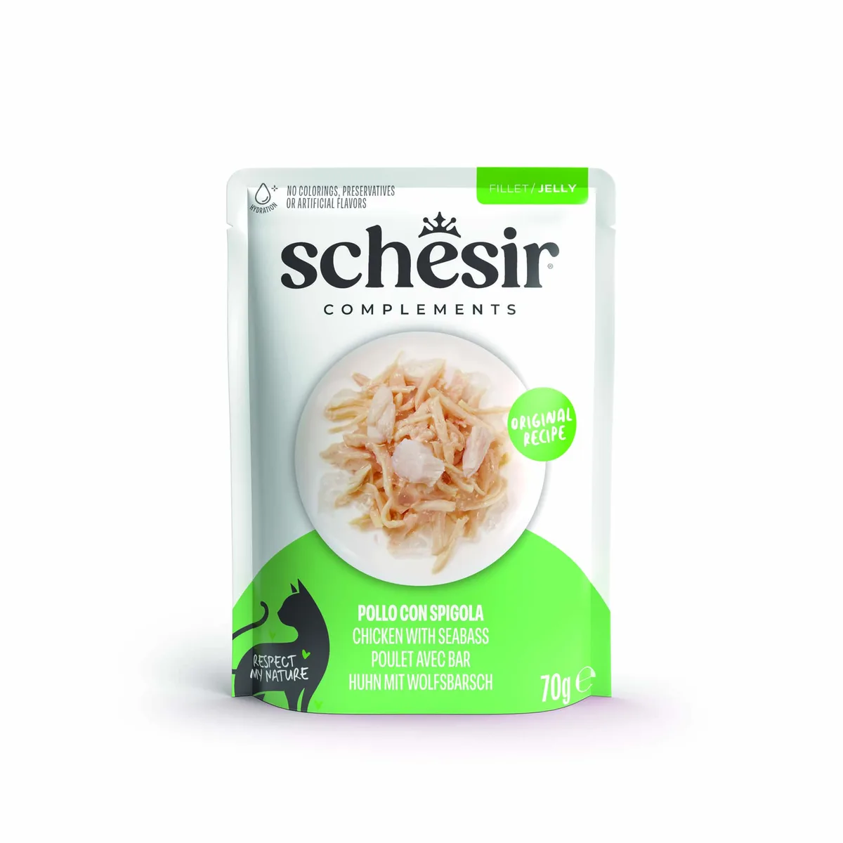 6x70g Kip met zeebaars Schesir Complementen in gelei natvoer voor katten by Schesir – product photo