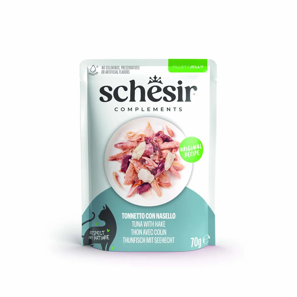 6x70g Tonijn met heek Schesir Complementen in gelei natvoer voor katten by Schesir – product photo
