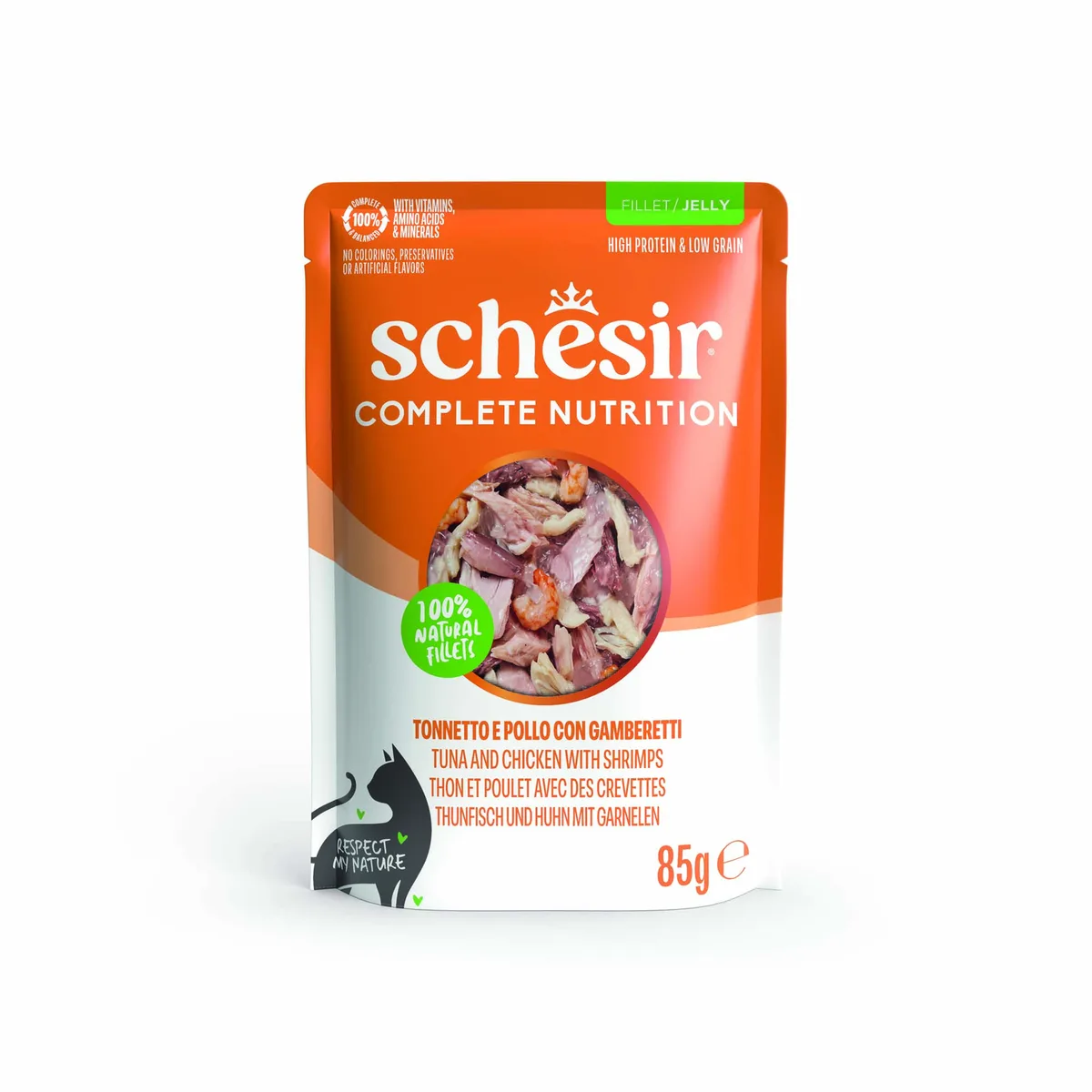 6x85g Tonijn en kip met garnalen Schesir Complete Nutrition in gelei natvoer voor katten van Schesir – productfoto
