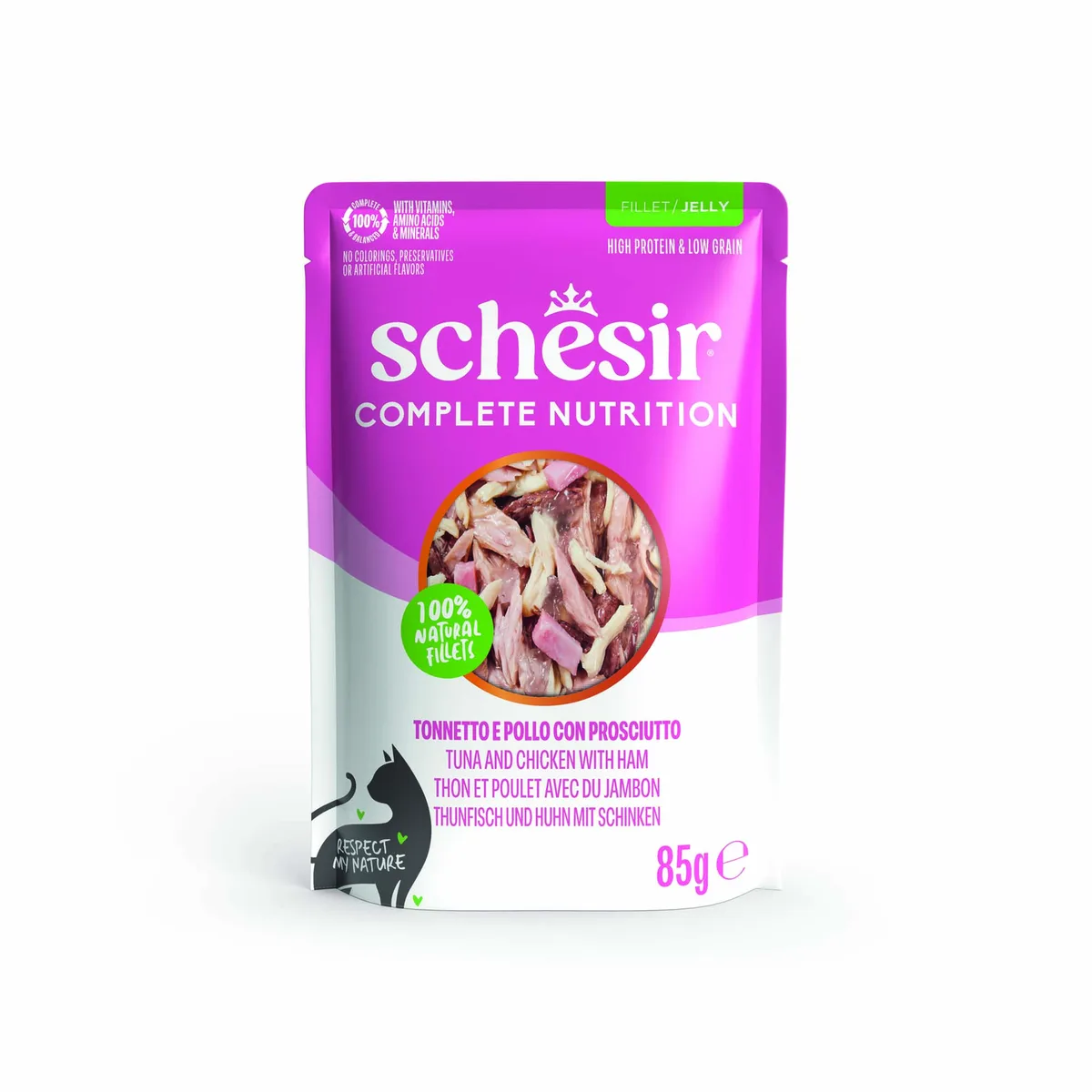 6x85g Tonijn en kip met ham Schesir Complete Nutrition in gelei natvoer voor katten by Schesir – product photo