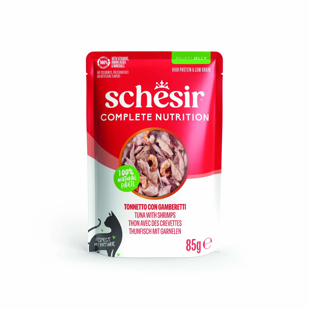 6x85g Tonijn met garnalen Schesir Complete Nutrition in gelei natvoer voor katten by Schesir – product photo