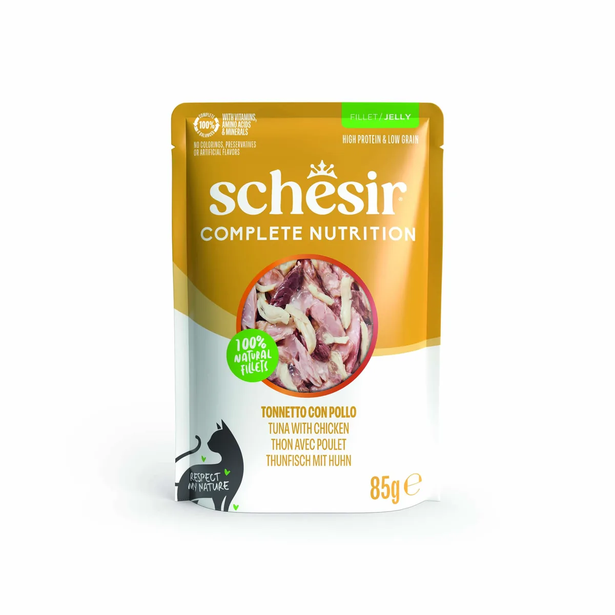 6x85g Tonijn met kip Schesir Complete Nutrition in gelei natvoer voor katten van Schesir – productfoto