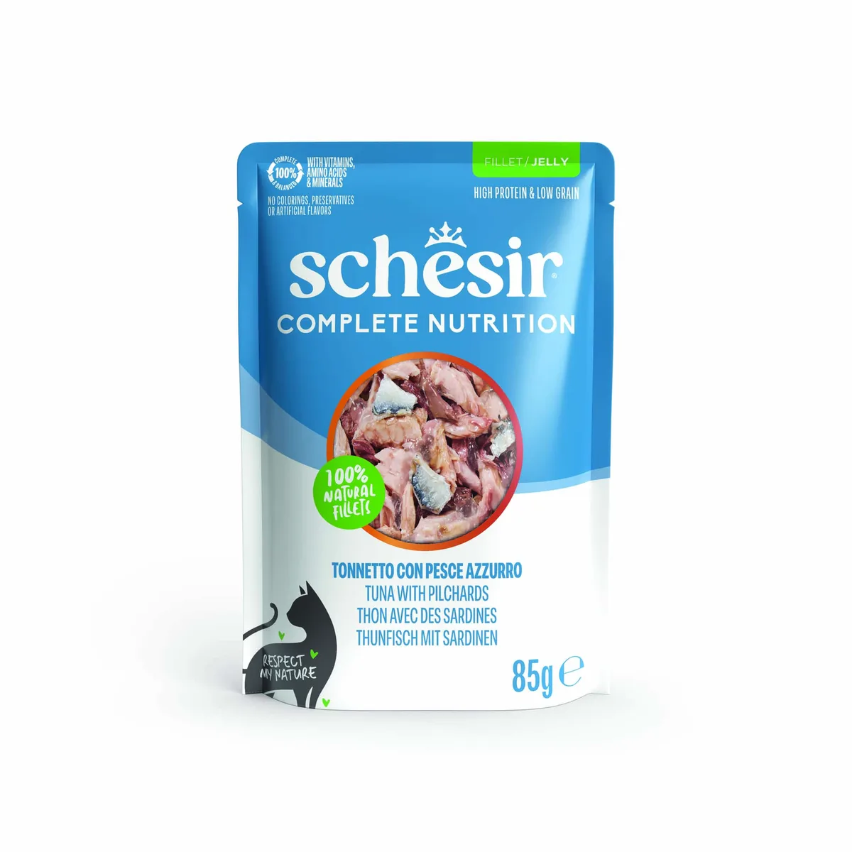 6x85g Tonijn met sardines Schesir Complete Nutrition in gelei natvoer voor katten van Schesir – productfoto