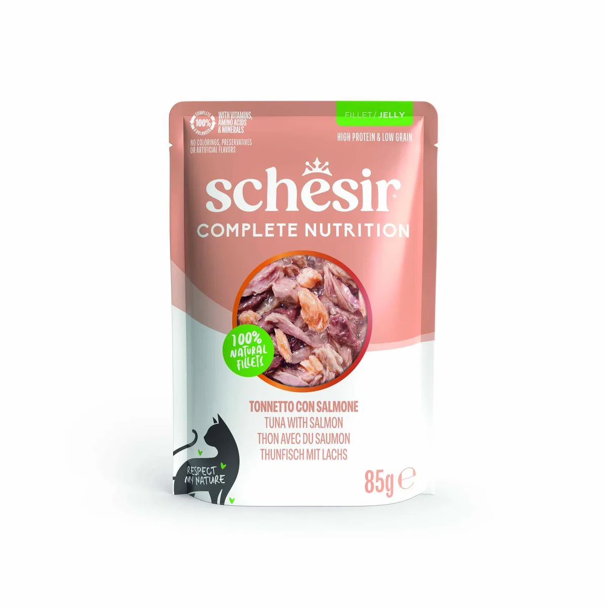 6x85g Tonijn met zalm Schesir Complete Nutrition in gelei natvoer voor katten van Schesir – productfoto