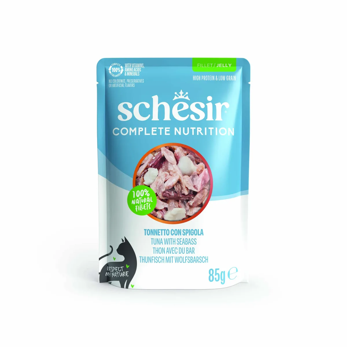 6x85g Tonijn met zeebaars Schesir Complete Nutrition in gelei natvoer voor katten van Schesir – productfoto