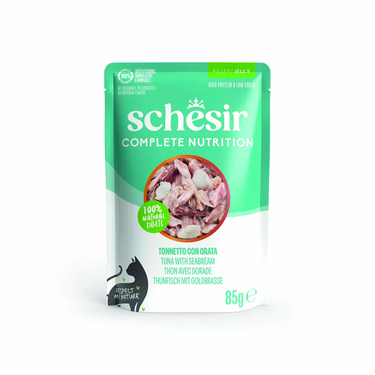 6x85g Tonijn met zeebrasem Schesir Complete Nutrition in gelei natvoer voor katten van Schesir – productfoto