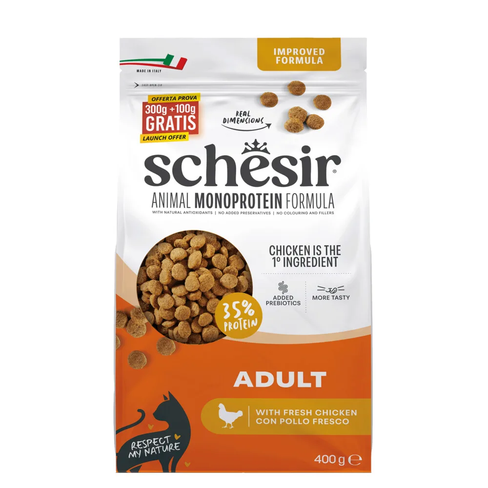 8x Schesir Monoproteïne Promo Kattenvoer Droog Kip 400 gr fra Schesir – produktbillede