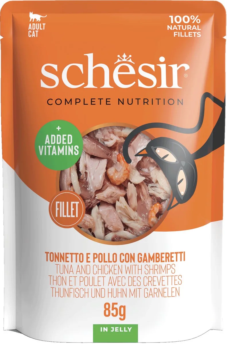 Cat Maaltijdzakjes Adult In Gelei 85 g - Kattenvoer - Tonijn&Kip&Garnaal van Schesir – productfoto