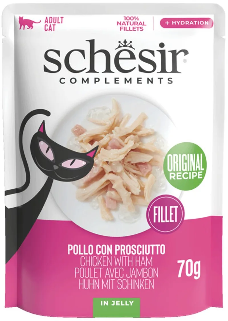 Complementary Kattenvoer Kip & Ham in Gelei - 12 x 70 gr - Voordeelverpakking von Schesir – Produktfoto