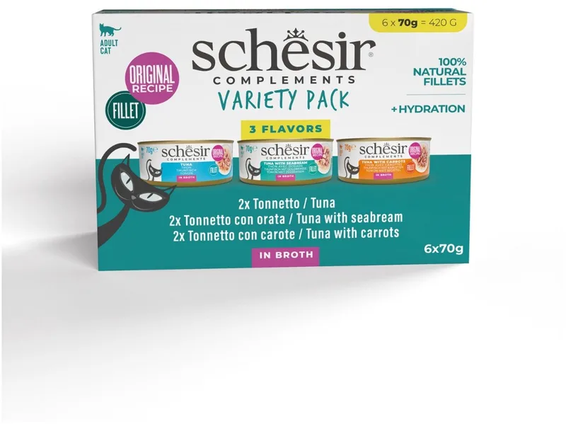Complete In Bouillon - Kattenvoer - Tonijn Zeebrasem Wortel 6x70 g Variety Pack de Schesir – photo produit