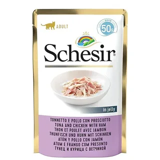 En Gelée Thon Et Poulet Au Jambon Nourriture Humide Pour Chats 50g de Schesir – photo produit 1 sur 2