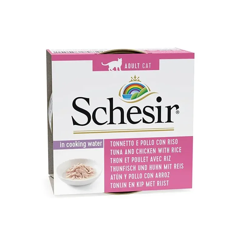 In Kookwater Tonijn Met Kip En Natvoer Voor Katten Met Rijst 85g de Schesir – photo produit 1 sur 2