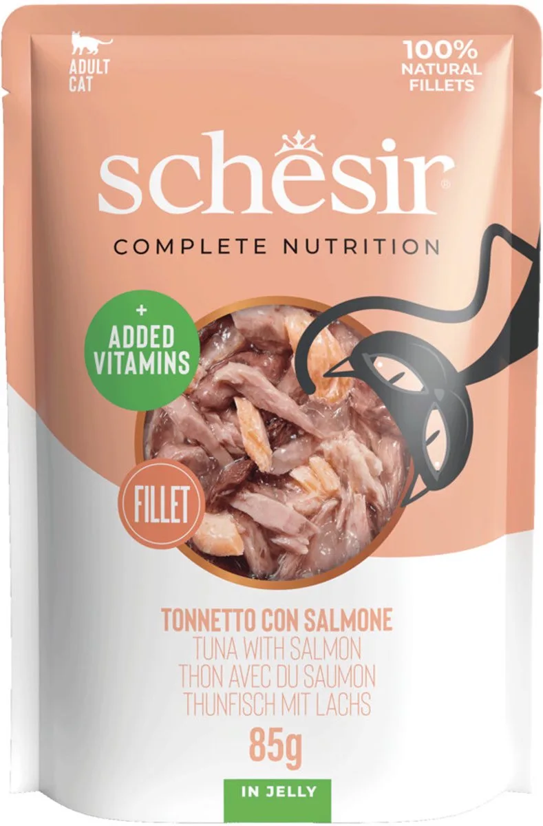 Kattenvoer Pouch Tonijn - Zalm in Gelei - 12 x 85 gr - Voordeelverpakking fra Schesir – produktbillede