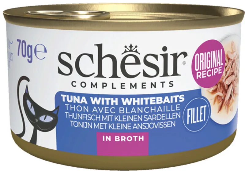 Kattenvoer Tonijn en Witvis in Boullion - 12 x 70 gr - Voordeelverpakking de Schesir – photo produit