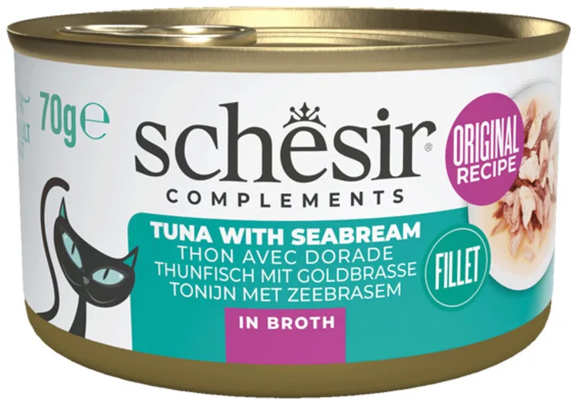 Kattenvoer Tonijn en Zeebrasem in Boullion - 12 x 70 gr - Voordeelverpakking de Schesir – photo produit
