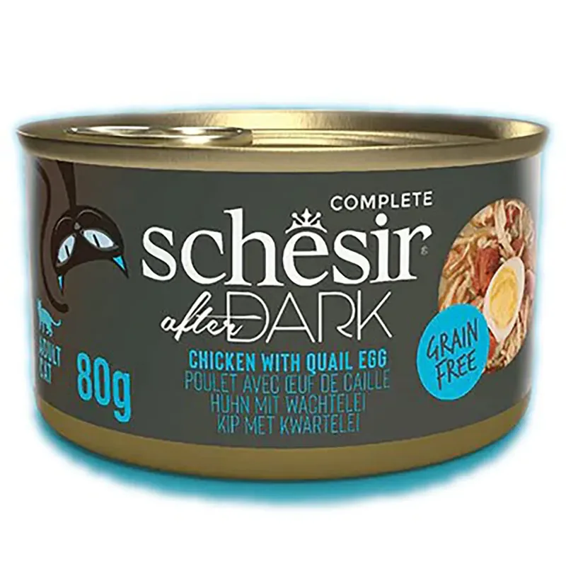 Na Het Donker Kippenfilet Met Kwartelei Bouillon Nat Kattenvoer 80g by Schesir – product photo
