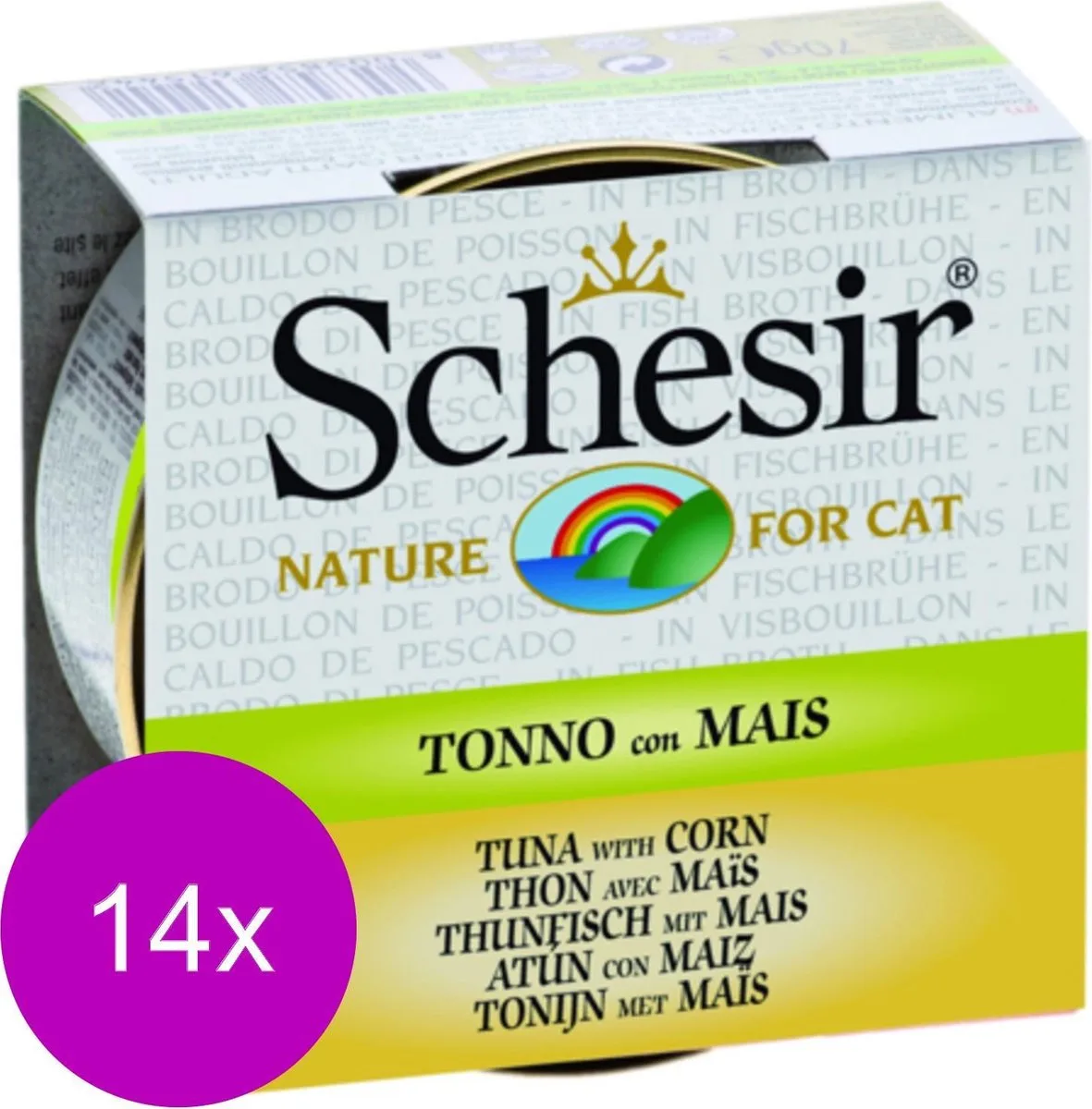 Natvoer in boullion - Tonijn met mais - 14 stuks à 70 gram von Schesir – Produktfoto