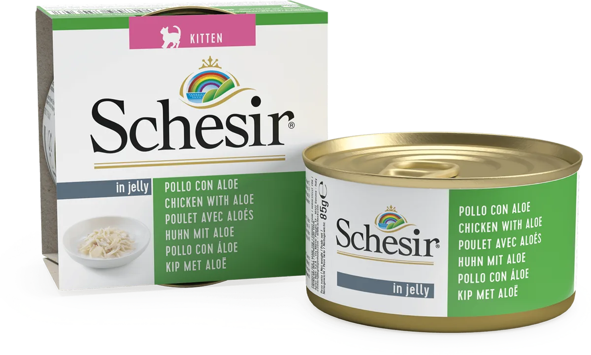 Natvoer met kip en aloë in gelei voor kittens 85 gr fra Schesir – produktbillede
