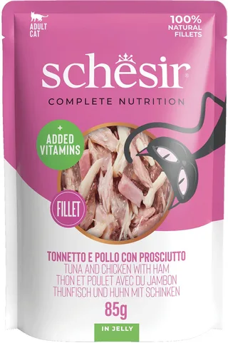Tonijn en Kip met Ham in Gelei - pouch - 12 x 85 gram - Natvoer voor katten fra Schesir – produktbillede 1 af 2