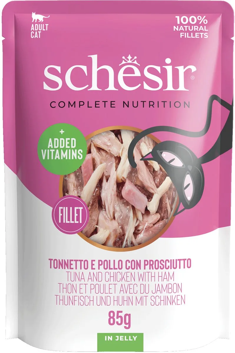Tonijn en Kip met Ham in Gelei - pouch - 12 x 85 gram - Natvoer voor katten fra Schesir – produktbillede 1 af 2