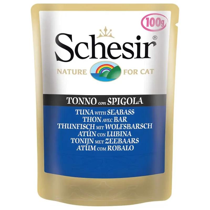 Tonijn Met Zeebaarsgelatine Zakje Natvoer Voor Katten 85g fra Schesir – produktbillede