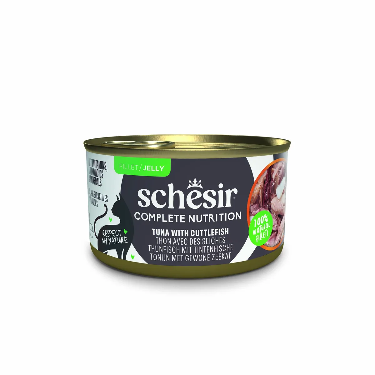 Voordeelpakket: 24x85g Schesir Complete Nutrition filet in gelei tonijn met inktvis natvoer voor katten van Schesir – productfoto