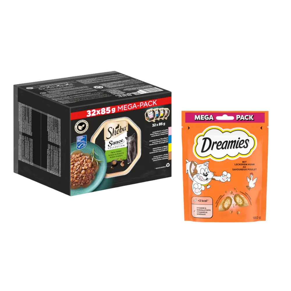 32 x 85 g of 120 x 85 g Sheba natvoer voor katten + 180 g Dreamies met Kip kattensnack gratis! - Sauce Lover (Zalm, Tonijn, Kip, Eend) Variaties in Kuipjes 32 x 85 g by Sheba – product photo